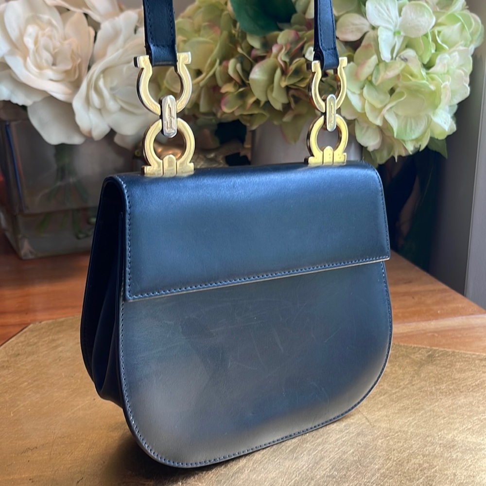 Salvatore Ferragamo Gancini Bit Flap Crossbody Bag in Dark Navy Leather